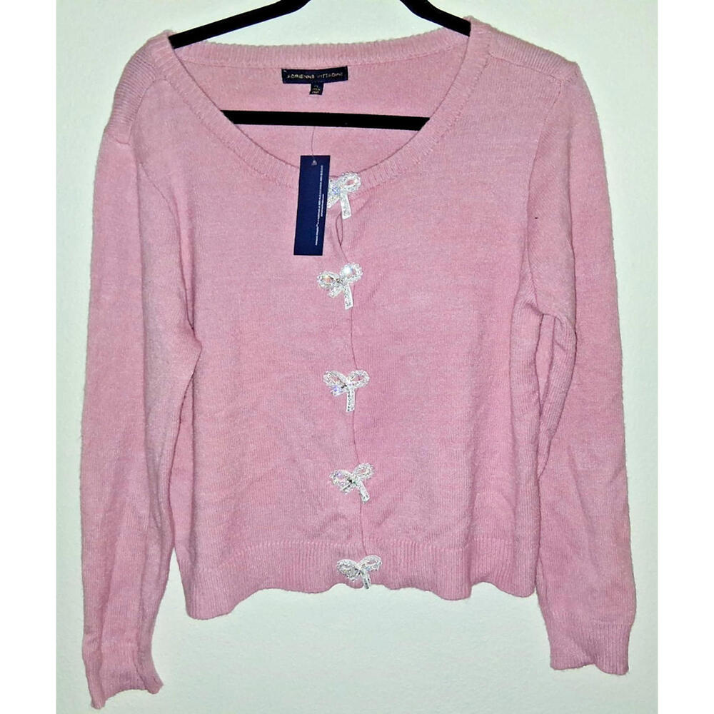 NWT ADRIENNE VITTADINI WOMENS SWEATER BARBIE INSPIRED BOW FRONT TOP SHIRT SIZE L